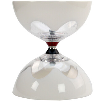 Diabolo Hyperspin à roulements avec coupelles blanches et axe central en métal, bague rouge et collerette noire, vue frontale.