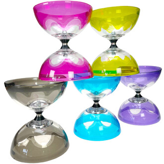 Diabolo Hyperspin à axe fixe, ensemble de diabolos translucides multicolores (rose, jaune, bleu, violet et gris).