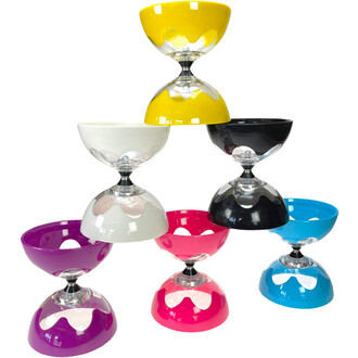 Diabolo Hyperspin à axe fixe multicolore empilés en pyramide, chaque diabolo avec deux coupelles colorées et axe central.