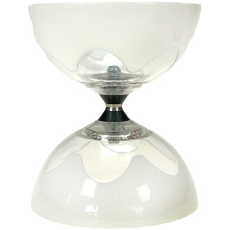 Diabolo Hyperspin à axe fixe avec bols blancs et axe central métallique, vue de face.