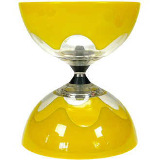 Diabolo Hyperspin à axe fixe jaune, deux coupelles jaunes brillantes et axe central transparent avec bague métallique.