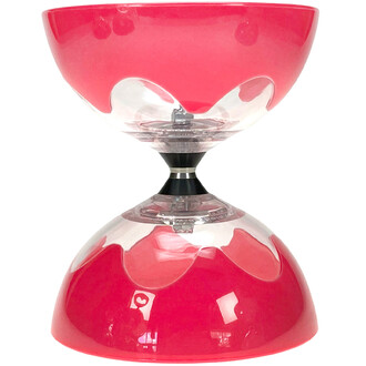 Diabolo Hyperspin à axe fixe – cups rouges translucides reliés par un axe central noir avec bague métallique.