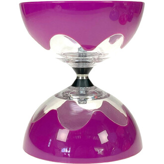 Diabolo Hyperspin à axe fixe violet translucide, deux coupes violettes reliées par un axe central noir avec bague argentée, vue de face.