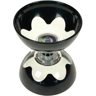 Diabolo Hyperspin à axe fixe, deux bols noirs avec intérieur en forme de fleur et axe central métallique.