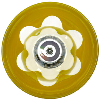 Diabolo Hyperspin à axe fixe, vue de dessus: disque jaune translucide avec cœur central blanc en forme de fleur et axe métallique au centre.