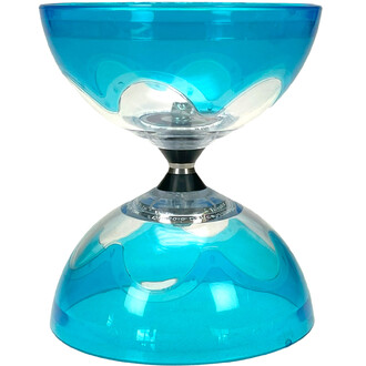 Diabolo Hyperspin à axe fixe bleu translucide, deux coques bleues reliées par un axe central noir avec bague métallique argentée.