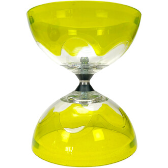 Diabolo Hyperspin à axe fixe avec bols jaunes translucides et axe central noir – vue frontale.