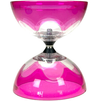 Diabolo Hyperspin à axe fixe avec des coupelles translucides roses, axe central noir et bague métallique, vue frontale en gros plan.