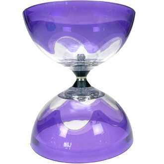 Diabolo Hyperspin à axe fixe avec deux coupelles violettes translucides, axe central noir et bague argentée, vu de face sur fond blanc.