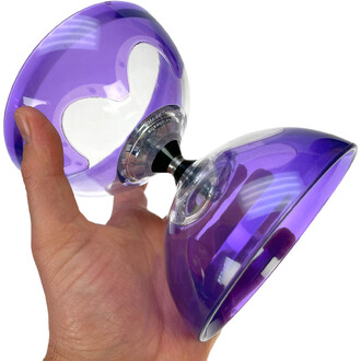 Diabolo Hyperspin à axe fixe violet translucide, deux coupelles violettes reliées par un axe central métallique, tenu par une main.