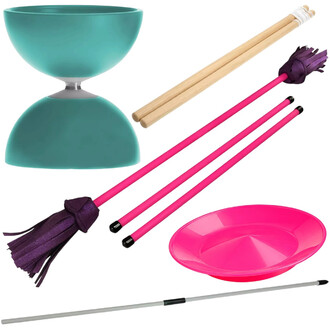 Juggling kit including a turquoise diabolo, two light wood sticks, two pink flower sticks with purple pompoms, a pink Chinese plate and a thin metal rod.