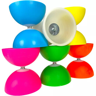 Stack of coloured plastic hemispheres for Chinese plates: blue, pink, green, red, yellow and white with central metal fixing, on a white background.