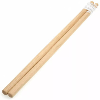 Two light wood flower sticks, cylindrical in shape with rounded ends, held together at one end by a wrapped white string.
