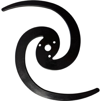 Disque spirale en plastique noir avec des courbes fluides, présentant un design en forme de spirale, rehaussé par un cercle central avec plusieurs trous.