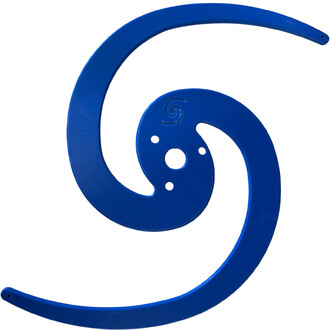 Disque spirale en plastique bleu, avec une forme ondulée et des perforations au centre, conçu pour jongler.