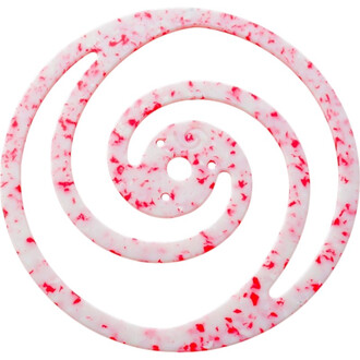 Disque Vortex en plastique, de couleur blanche avec des marbrures roses, en forme de spirale. L'objet comporte une ouverture centrale et des rainures qui lui confèrent un aspect dynamique et moderne.