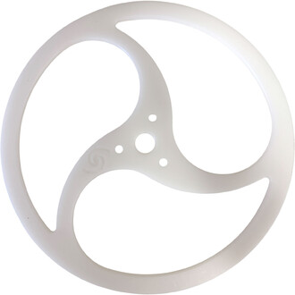 Disque Tri-Ying en plastique blanc, de forme circulaire avec trois bras évasés et un trou central, conçu pour la jonglerie.