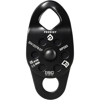 Poulie double ISC Prodigy en aluminium noir, vue de face, avec marquages PRODIGY, EN12278:07, RP033, UKCA 0120, CE 0598 et ISIC UK, LL57 4YH