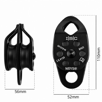 Double poulie Prodigy ISC noire vue de profil et de face avec dimensions 56 mm de large et 110 mm de haut, marquages CE et EN12278