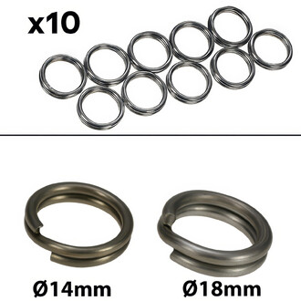 Double anneaux pour bolas, incluant 10 anneaux métalliques et 2 tailles différentes (Ø14mm et Ø18mm) en bas de l'image.