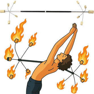 Image d'un Dragon Staff avec des mèches flexibles, accompagné d'une illustration d'un jongleur en action, qui manipule le staff avec des flammes à chaque extrémité. Le jongleur, torse nu, effectue un mouvement fluide avec les bras levés, mettant en avant
