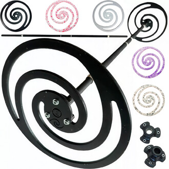 Bâton de jonglerie Full Dragon Staff Vortex, présentant un design en spirale avec plusieurs embouts décoratifs de différentes couleurs. Le bâton est principalement noir avec des spirales stylisées visibles en haut, tandis que les embouts à droite montrent