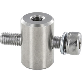 Écrou cylindre V3 en métal argenté pour Hub Dragon Threeworlds, avec filetage externe sur les extrémités et taraudage interne sur le dessus; molette de serrage dentelée sur le côté.