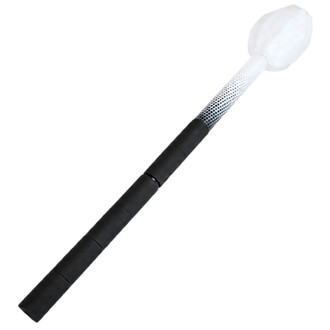 Embout LED Prism translucide pour staff de contact Fusion Threeworlds, fixé sur un bâton noir et blanc texturé, vu en gros plan sur fond blanc.