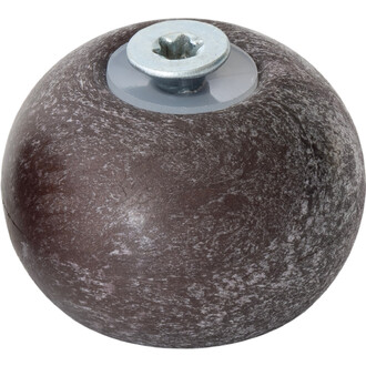 Embout bas en plastique de forme ronde de couleur brune, avec une surface texturée et un insert en métal sur le dessus pour le vissage.