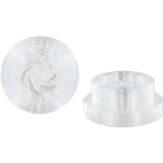 Embout transparent pour Pod Flowtoys avec Adaptateur Vision, présenté en deux pièces: disque plat à spirale et socle cylindrique.