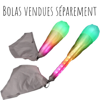 Deux embouts Flowtoys LED colorés en dégradé arc‑en‑ciel avec housses grises et sacs de rangement, inscription BOLAS VENDUES SEPAREMENT.