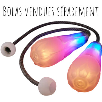 Embouts translucides lumineux Flowtoys : deux capsules LED rose et bleu sur corde tressée noire, avec bouchons blancs à chaque extrémité.