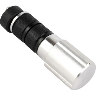 Embout quick release Dragon Threeworlds en métal argenté avec section noire texturée et vis visible, vu en gros plan.