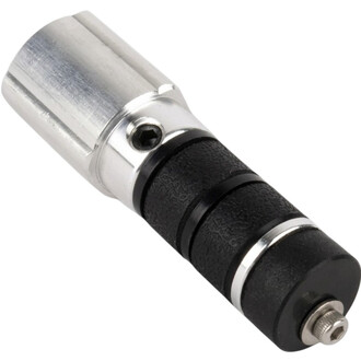 Embout quick release Dragon Threeworlds en métal argenté avec manchon noir texturé et vis Allen latérale.