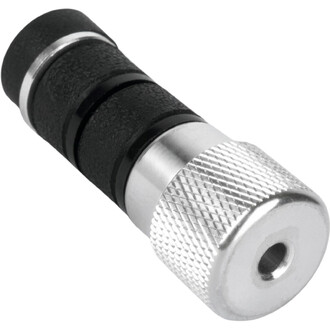 Embout quick release Fusion, vue rapprochée d’un connecteur cylindrique : corps noir texturé, bague métallique argentée et surface knurlée, extrémité holenée.