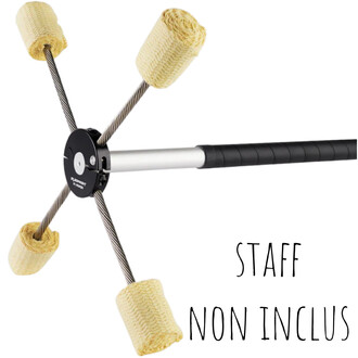 Embout quick release Fusion pour staff : plaque noire ronde reliée à deux câbles métalliques tressés formant un X, terminés par des embouts en mousse beige.