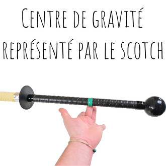 Épée de contact feu tenue à la main, montrant le centre de gravité marqué par un scotch vert. Le manche est noir avec des textures, et la partie supérieure est dotée d'une boule noire. En arrière-plan, un texte indique Centre de gravité représenté par le 
