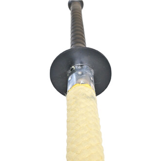 Mèche d'une épée de feu de 1 mètre montrant le détail de la garde, de la poignée en corde tressée et de la finition métallique.