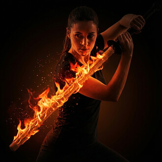 Femme en action tenant une épée en verre, entourée de flammes. Elle a une expression déterminée et se trouve sur un fond sombre, mettant en valeur l'effet spectaculaire du feu sur l'épée.