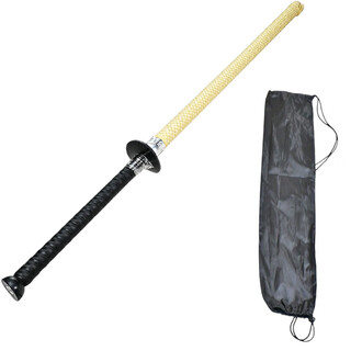 Espada de fogo de 1 metro com cabo trançado bege, guarda de metal prateado e ponta preta, acompanhada de uma bainha preta com cordão.