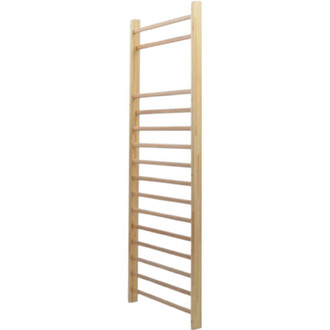 Échelle de gymnastique en bois naturel avec dix échelons horizontaux. Design simple et fonctionnel, idéale pour la pratique d'exercices de renforcement musculaire et d'acrobaties.