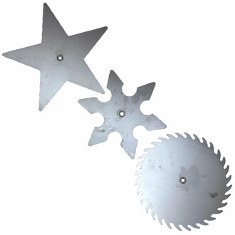 The three star models placed next to each other: the shooting star on the left, the Ninja star in the center and the Death Star on the right.