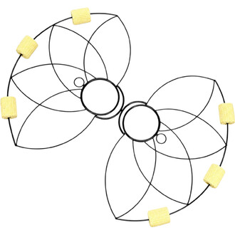 Eventails Fleur de Lotus : structure circulaire en fils noirs formant un motif de lotus avec de petites pastilles jaunes en tissu fixées sur le bord.