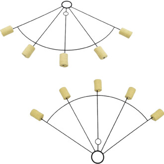 Schéma d’un éventail de feu à cinq branches, type Russian Grip, avec cadre noir, cinq bras rayonnants et poignées tressées beige.