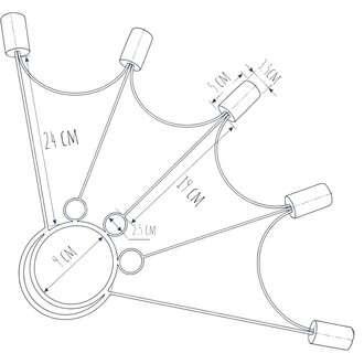 Illustration technique d'une paire d'éventails à 5 branches, montrant les dimensions des éléments : 24 cm de longueur des bras, 19 cm d'écartement, 9 cm de diamètre du cercle central et 5 cm de hauteur pour les embouts.