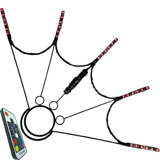 Vue de dessus d'un éventail Spider LED avec des lumières rouges sur les 5 branches, montrant toute la structure de l'éventail.