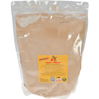 Sac de poudre FireFly de 1 kg, avec un design de sachet transparent montrant la poudre à l'intérieur. L'étiquette présente un fond jaune avec le texte FireFly Powder et un logo d'insecte, et mentionne qu'il s'agit d'un produit pour créer des effets spécia