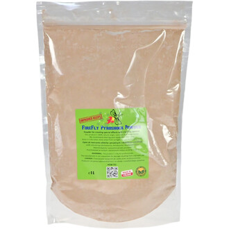 Sac de poudre Firefly Pyroshock, contenant un produit en poudre pour créer des effets spéciaux avec des étincelles scintillantes. L'emballage transparent permet de voir le contenu, tandis qu'une étiquette verte présente des informations sur le produit, y 