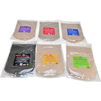 Sacs de poudre Firefly de Liko, présentés en six variantes de couleurs différentes, placés sur un fond blanc. Chaque sac est transparent avec une étiquette colorée indiquant le type de poudre.