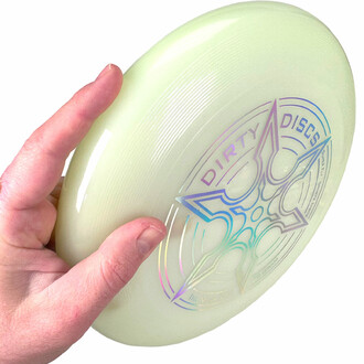 a frisbee with a unique, glow-in-the-dark design for hours of outdoor fun.